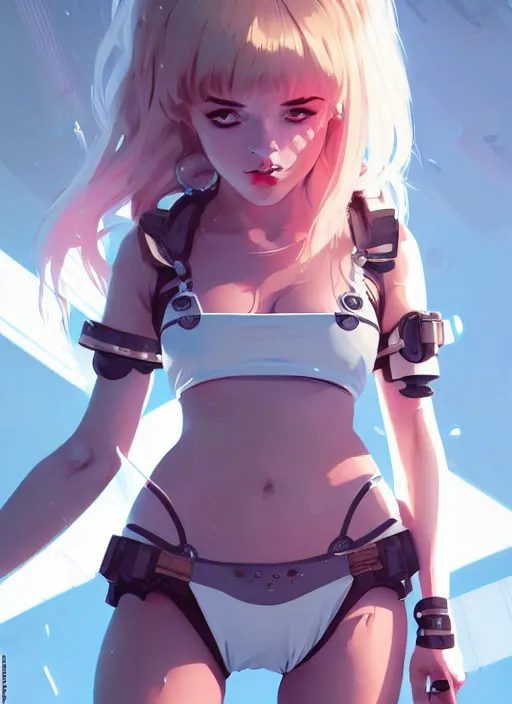 Image similar to portrait of cute maiden girl in cyber bikini armor, face by ilya kuvshinov, warhammer, cyberpunk, by atey ghailan, by greg rutkowski, by greg tocchini, by james gilleard, by joe fenton, by kaethe butcher, dynamic lighting, gradient light blue, brown, blonde cream and white color in scheme, grunge aesthetic