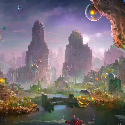 Prompt: a utopian city, filled with fauna, with bubbles floating around everywhere, dynamic lighting, fantasy concept art, trending on art station, stunning visuals, creative, cinematic, ultra detailed
