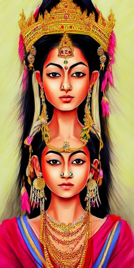 Image similar to painterly portrait of a beautiful asian indian hindu queen mixed with british royal garb trending on artstation