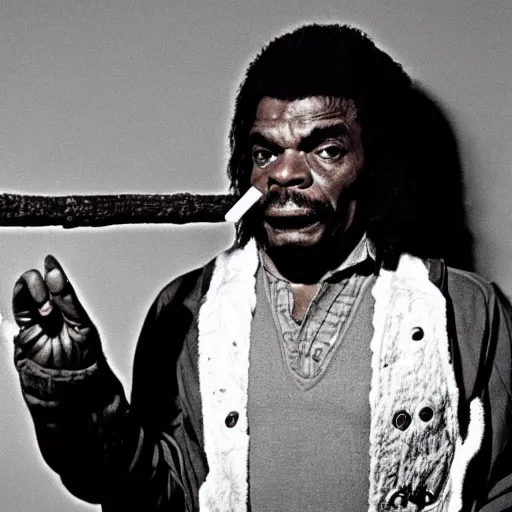 Prompt: a hyper detailed filmic creeepy atmospheric photograph of Keith David aka Childs from The Thing 1982 holding a stick of dyamite