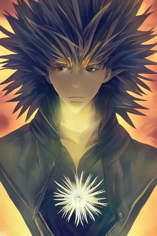 Image similar to amber glowing luminescent dandelion male anime character, symmetrical, highly detailed, digital art, sharp focus, trending on art station, amber eyes, autumnal colours