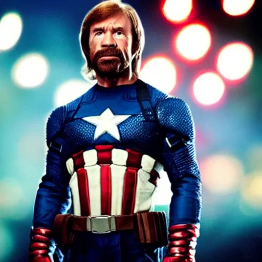 Image similar to uhd hyperdetailed candid photo of cosmic chuck norris dressed as captain america, wearing extremely intricate costume. fireworks in background. photo by annie leibovitz