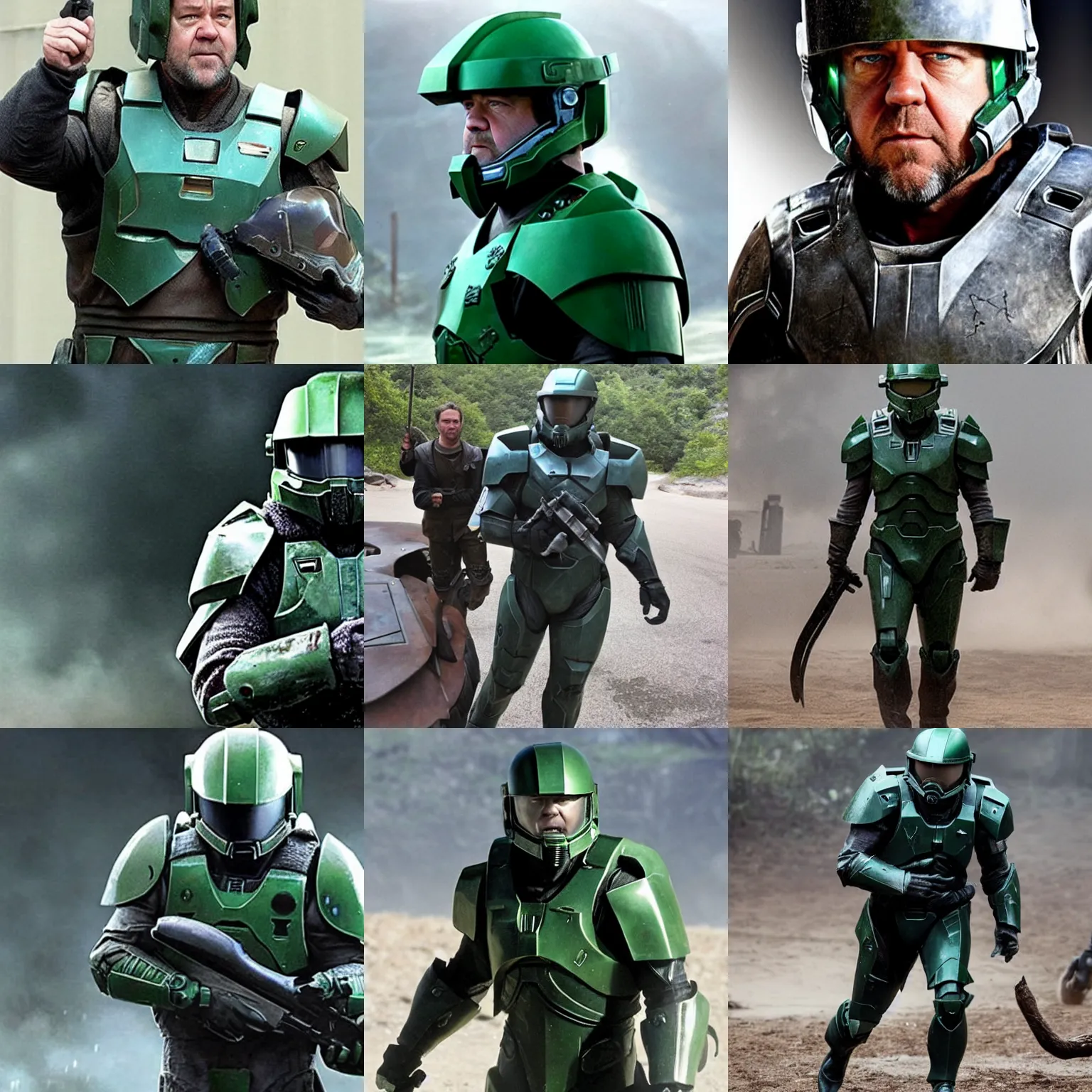 Prompt: russel crowe as master chief, helmet in hand