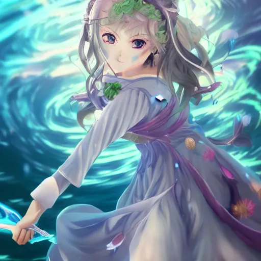 Prompt: a beautiful female human anime of time character, character is in all its glory under the water, character is centered on the image, character is holding magic weapon, rim lights, highly detailed professional photo, dynamic lights, particles and crystals are flying, very deep depth of field, trending on artstation, illustration, hyper realistic, vray caustics, super detailed, colorful accents, cinematic shot
