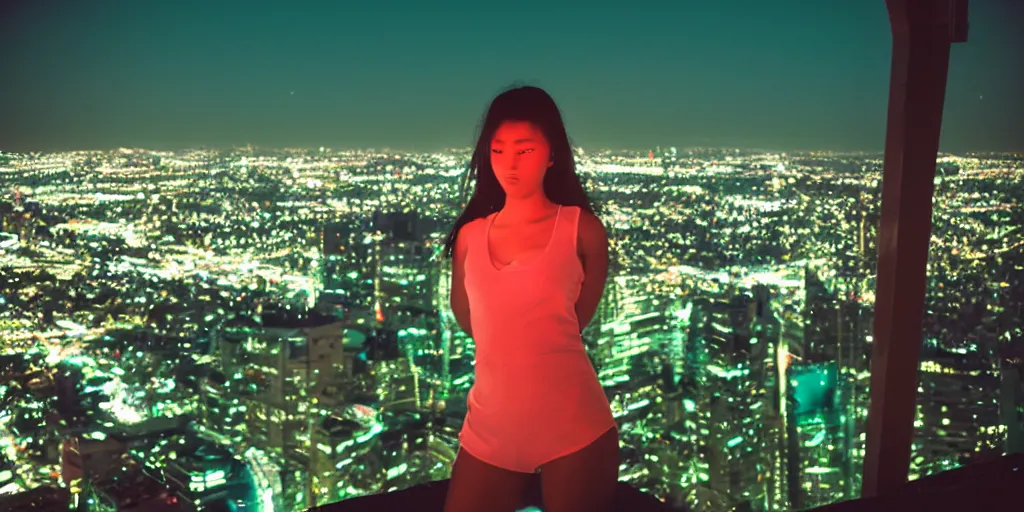 Prompt: a portrait of a beautiful cyborg girl looking at the city below, futuristic utopia, neon lights, f _ 2 2, 3 5 mm