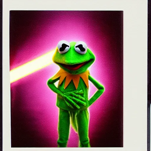 Prompt: Kermit the frog in Star Wars movie, dressed as a Jedi, with green lightsaber, polaroid photo, instax, white frame, by Warhol,