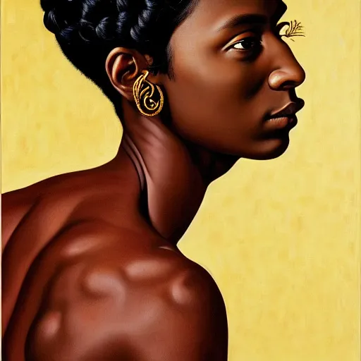 Image similar to A portrait of a skinny stylish and beautiful non-binary person, dark skin tone, Indian, oil painting by Kehinde Wiley, majestic, detailed, high resolution