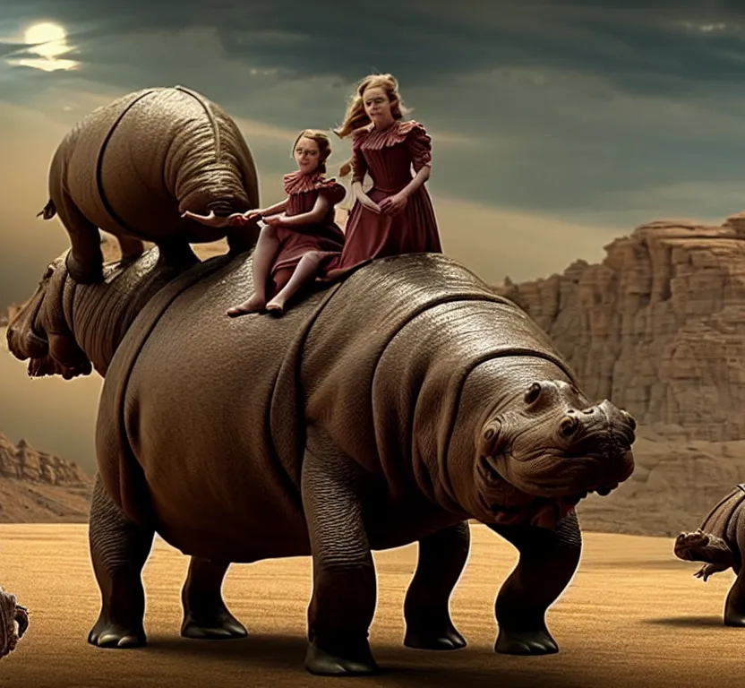 Image similar to sharp, highly detailed, film from a 2 0 1 9 sci fi 8 k movie, set in 1 8 6 0, a family riding on the back of small alien hippos, across an alien landscape, wearing 1 8 6 0 s clothes, atmospheric lighting, in focus, reflective eyes, 3 5 mm macro lens, live action, nice composition