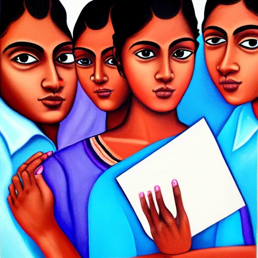 Prompt: hyperrealistic painting of a beautiful young tamil woman holding a notebook while a woman and three men emerge out of the book like genies, detailed digital art, trending on artstation