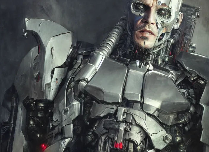 Image similar to johnny depp as victor stone, full body concept, cyborg, borg, strogg, face of a man, terminator, flesh, quake strogg, doom demon, wolfenstein, monstrous, powerful, symmetry, symmetrical, concept art by ruan jia and greg rutkowski