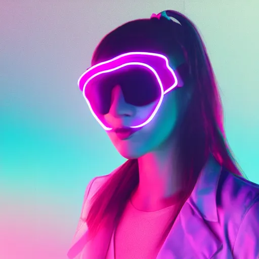 Image similar to girl with neon mask in a retrowave cityscape, 4 k, fhd, - w 9 6 0