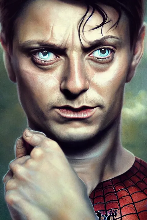 Image similar to a beautiful ultradetailed vintage photo of a toby maguire crying while playing spider man, by tom bagshaw and anna dittman, portrait, 2 4 mm lens, golden ratio composition, detailed face, studio photography, very detailed, humanoids, artstation, 8 k, highly coherent