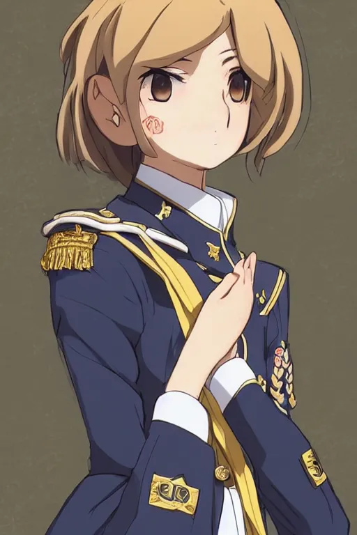 Image similar to key visual concept art, portrait of a stately anime girl wearing formal military dress uniform saluting at a full honors military funeral, somber, rule of thirds golden ratio, fake detail, trending pixiv fanbox, acrylic palette knife, style of shinkai makoto studio ghibli genshin impact