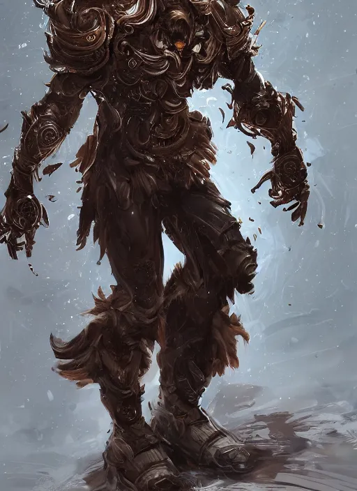 Image similar to a highly detailed illustration of thick wavy brown haired young white guy wearing brown coat and face mask, black mechanical arms on his back, dramatic standing pose, intricate, elegant, highly detailed, centered, digital painting, artstation, concept art, smooth, sharp focus, league of legends concept art, WLOP