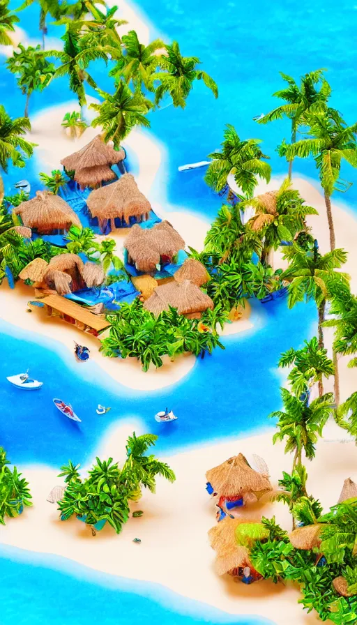 Prompt: beautiful beachside village, palm trees, blue water, el nido style, isometric view, tilt shift, highly detailed, hyper realistic