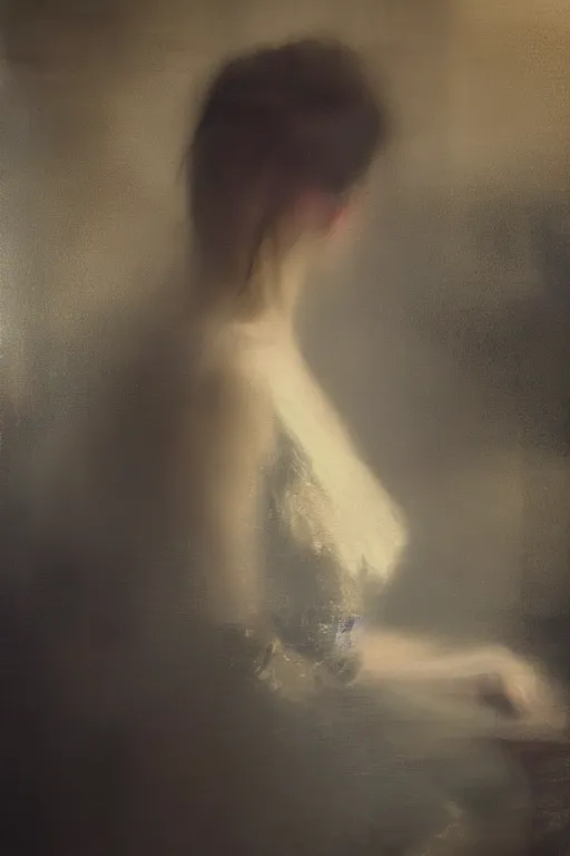 Image similar to detailed cinematic moody colors studio portrait of the memories of a victorian lady with a sensual pose kissing a gentleman with a blurred face high quality by jeremy mann, only one head single portrait