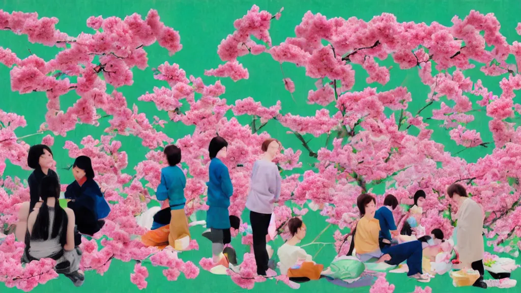 Image similar to a small group of people flower viewing sakura picnic, japan, a collage painting, in the style of wes anderson, lola dupre, david hockney, isolated on negative white space background dark monochrome neon fluorescent spraypaint accents volumetric octane render