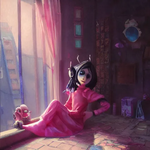 Image similar to coraline in the pink palace, oil painting, Tooth Wu, Greg Rutkowski, RPG portrait, dynamic lighting, anime art