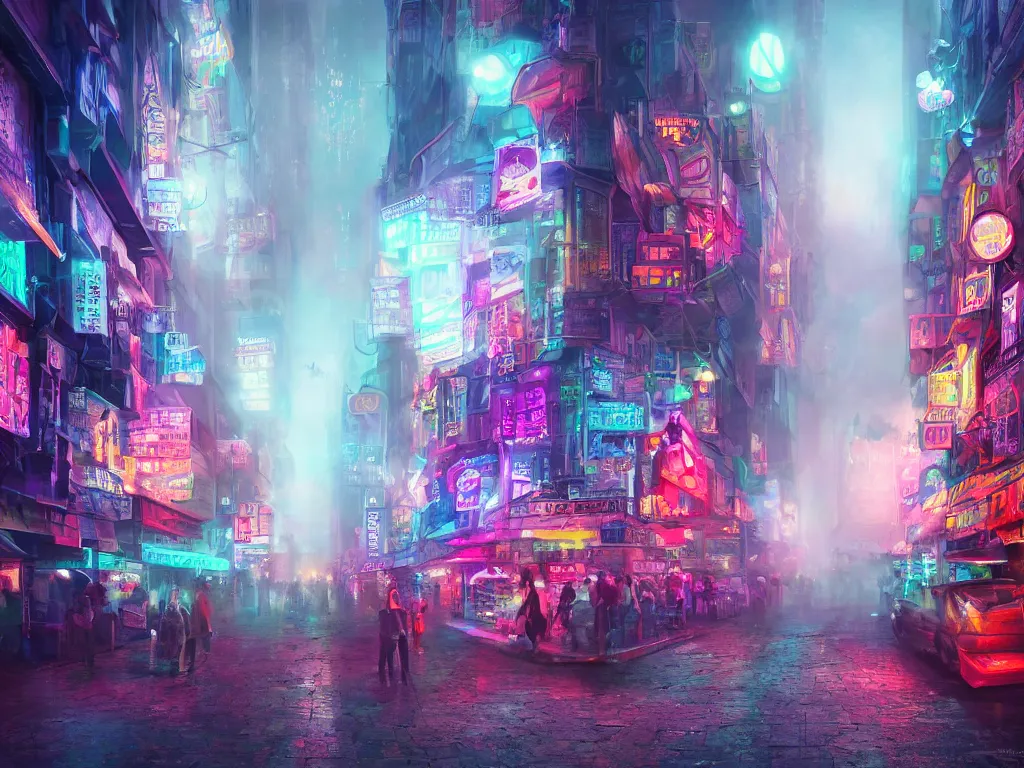 Prompt: A lively city full of mystery and secrets within the fog, holograms creating spirits that roam the streets, neon market signs, bright technological lights, highly detailed, matte painting, intricate detail, trending on artstation