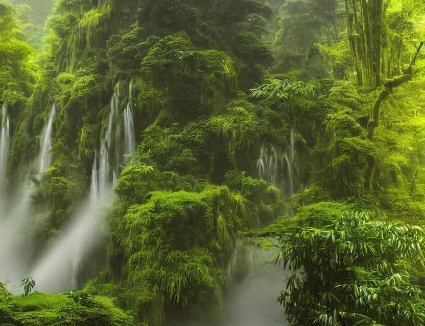 Prompt: a cinematic widescreen photo of ancient japanese temples in a misty bamboo cloud forest with waterfalls at dawn by studio ghibli by roger dean, photorealistic, 7 0 mm