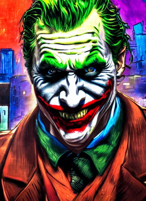 Prompt: abstract portrait of the joker in gears of war, city in the background, the joker 2 0 1 9, studio lightning, beautiful face and eyes, rule of thirds, face symmetry, colourful spray paint splatters, expressive, fine art, by vincent van gogh, 4 k, 8 k, correct body proportion, vincent van gogh style