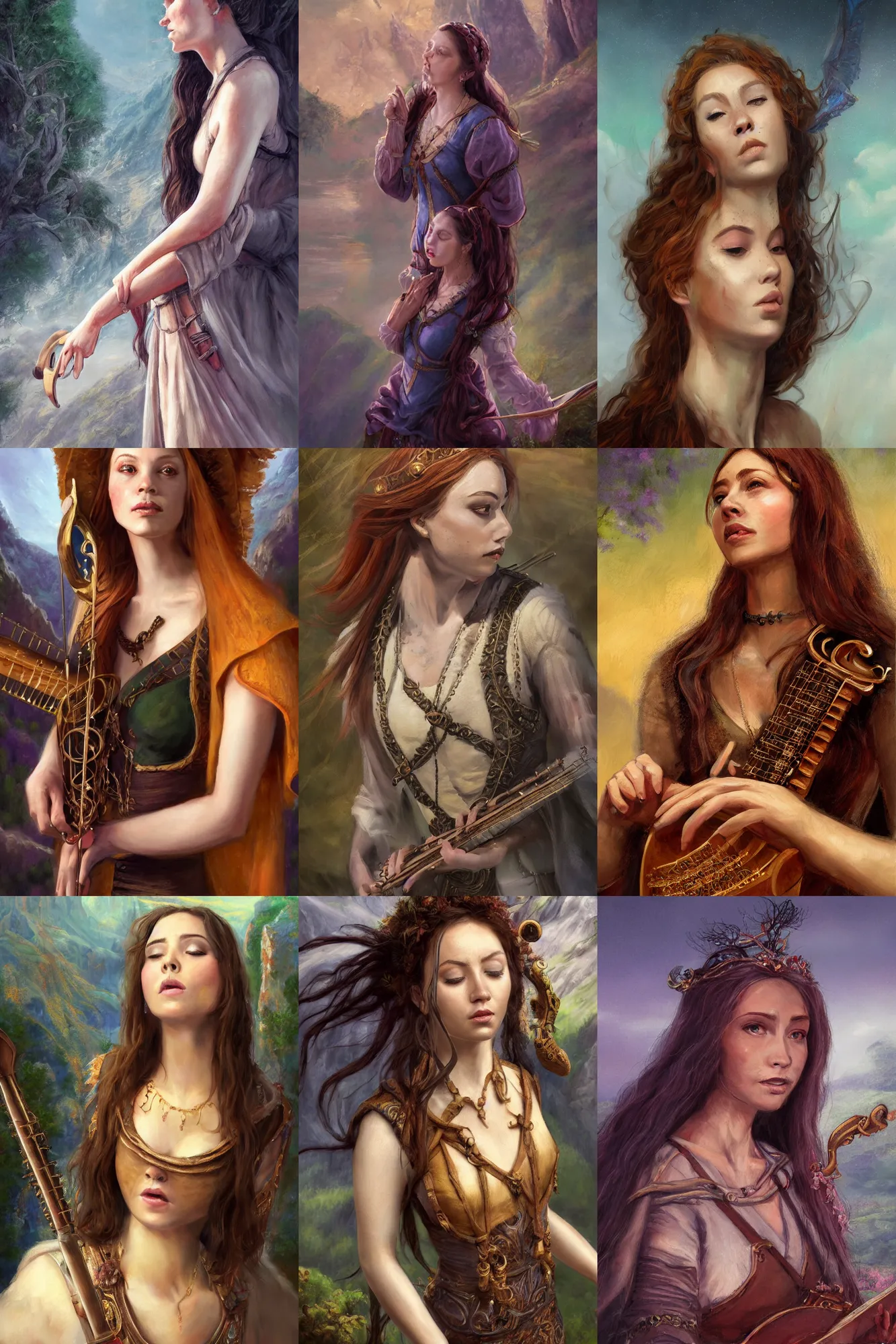 Prompt: a full body high detail fantasy portrait oil painting illustration of a single beautiful sophisticated singing bard woman by justin sweet with face and body clearly visible, in a scenic background, pupils visible, realistic proportions, d & d, rpg, forgotten realms, artstation trending, high quality, sombre mood, artstation trending, muted colours, entire person visible!