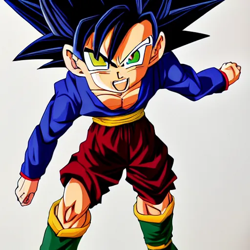 Image similar to fusion of goten and trunks, gotenks, anime, 4 k, detailed, full body, painting, on paper, paint smears, smooth