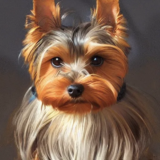 Image similar to teacup yorkshire terrier sitting on throne, surrounded by many mouses, portrait art by donato giancola and greg rutkowski, realistic face, digital art, trending on artstation, symmetry