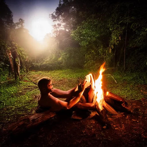 Image similar to spartan doing ayahuasca ritual at camp fire, jungle background, full moon with stars, hyper realistic award winning photographic portrait, dramatic cinematic lighting