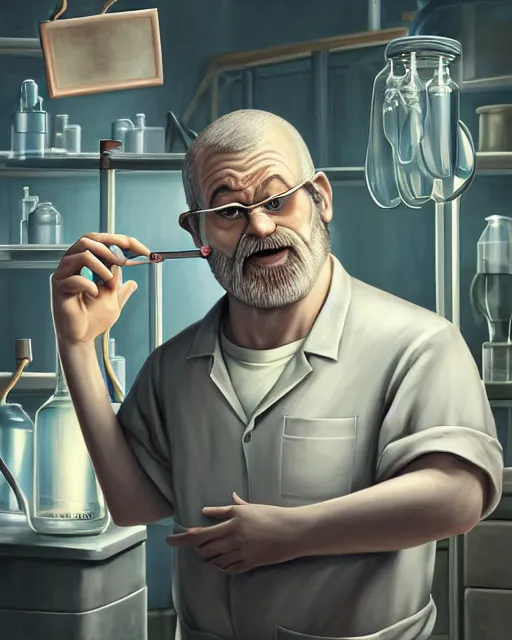 Prompt: An epic fantasy comic book style portrait painting of a charming and friendly thirty year old man in a laboratory, very expressive, buzz cut gray hair, !!NO GLASSES, round face, wearing a shirt with !horizontal stripes, handling laboratory equipment, character design by Mark Ryden and Pixar and Hayao Miyazaki, unreal 5, DAZ, hyperrealistic, octane render, cosplay, RPG portrait, dynamic lighting, intricate detail, summer vibrancy, cinematic