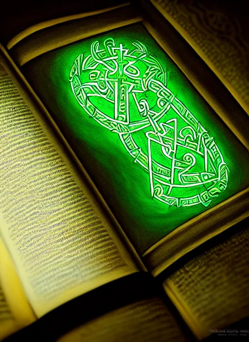 Image similar to illustration of a grand old book, arcane tome filled with green glowing runes, close up of book, runes, green glowing runes, intricate, elegant, candle light, highly detailed, digital painting, artstation, concept art, smooth, sharp focus, illustration, art by wlop, mars ravelo and greg rutkowski