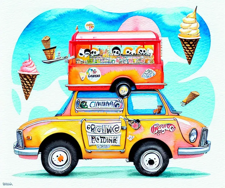 Image similar to cute and funny, penguin riding in a tiny ice cream truck with an oversized engine, ratfink style by ed roth, centered award winning watercolor pen illustration, isometric illustration by chihiro iwasaki, edited by range murata, tiny details by artgerm and watercolor girl, symmetrically isometrically centered, sharply focused