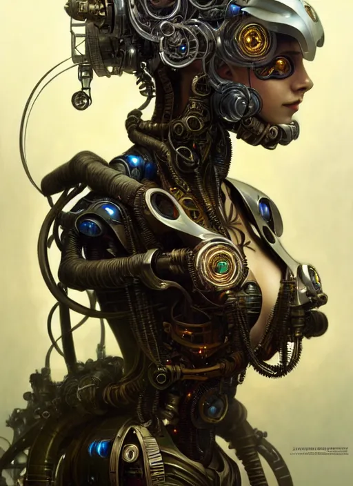 Image similar to diesel punk cyborg, diffuse lighting, fantasy, intricate, elegant, highly detailed, lifelike, photorealistic, digital painting, artstation, illustration, concept art, smooth, sharp focus, art by John Collier and Albert Aublet and Krenz Cushart and Artem Demura and Alphonse Mucha