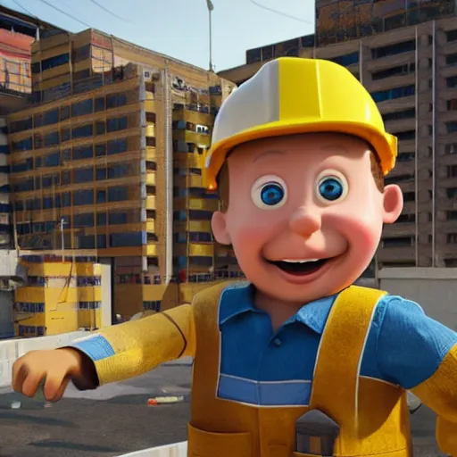 Image similar to bob the builder as a real life human person shot from cinematic, hyper detailed, ultra realistic 4k trending on artstation