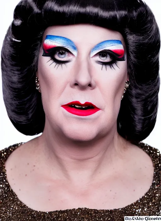 Image similar to studio portrait of lindsey graham in full drag dressed in drag dressed as a woman makeup, 8 k, studio lighting, key light, back light, sequents,
