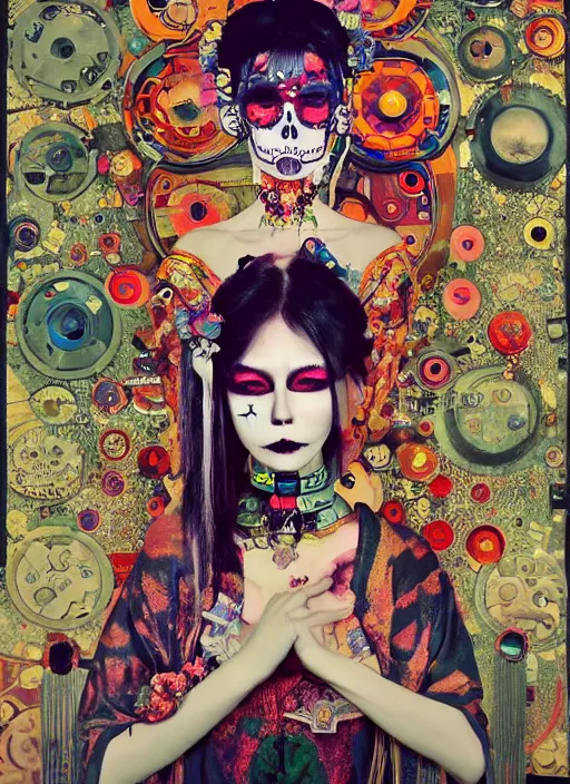 Image similar to cute punk goth fashion hippy fractal Día de los Muertos android girl wearing kimono made of circuits posing by Zhang Jingna, psychedelic poster art by Hannah Höch Käthe Köllwitz Victor Moscoso Rick Griffin Alphonse Mucha Edward Munch Ayami Kojima