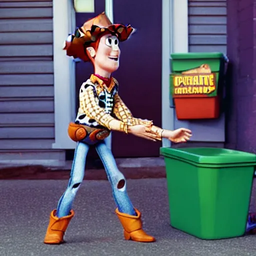 Image similar to andy from toy story thrown out the trash