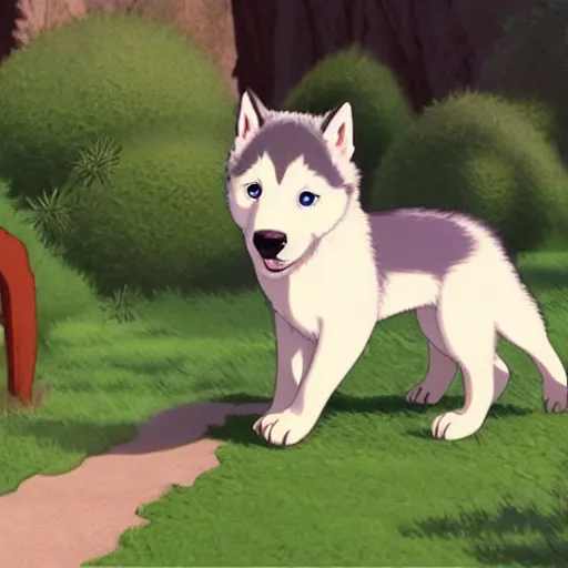 Image similar to husky puppy animated by studio ghibli, ary by studio ghibli,