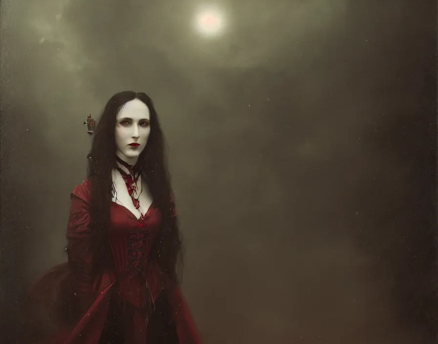 Image similar to portrait of Lady Dracula in victorian suit by Tom Bagshaw, atmospheric lighting, painted, intricate, London Dockyard, volumetric lighting, beautiful, light rain, moon light, sharp focus, ultra detailed, by Leesha Hannigan, Ross Tran, Thierry Doizon, Kai Carpenter, Ignacio Fernández Ríos, Yasumoto Oka,