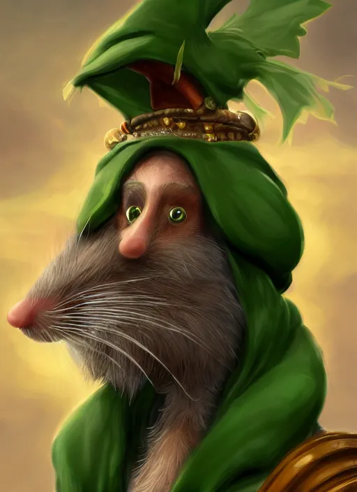 Image similar to oilpainting of an anthropomorphic rat with beard and human eyes, wearing jewelry, tricorne hat, green robe, d & d, digital art, detailed face, highly detailed, trending on artstation, 4 k, sea in the background