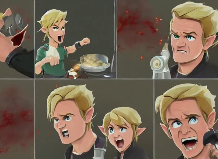 Prompt: gordon ramsey yelling screaming at link from zelda for cooking burnt food in the style of breath of the wild, artstation, krenz cushart, makoto shinkai