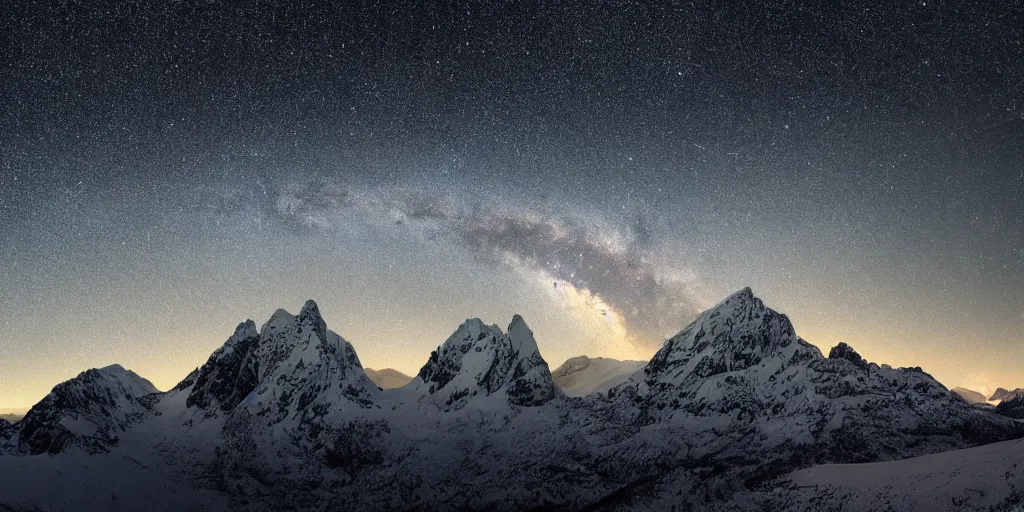 Prompt: Galactic arch, snowy mountains and lakes, in the style of National Geographic magazine, astronomical photography