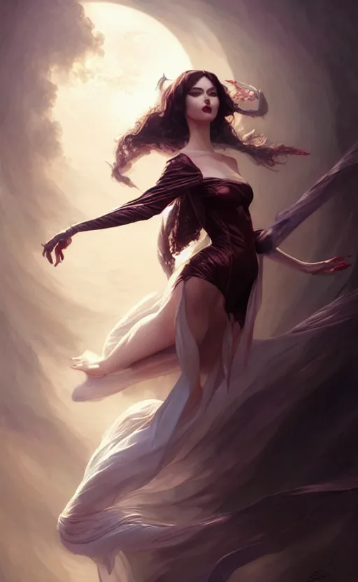 Image similar to desirable vampire woman floating in the air with silk cloth, fantasy, intricate, elegant, highly detailed, digital painting, artstation, concept art, matte, sharp focus, illustration, art by artgerm and greg rutkowski, dreadjim, zeen chin