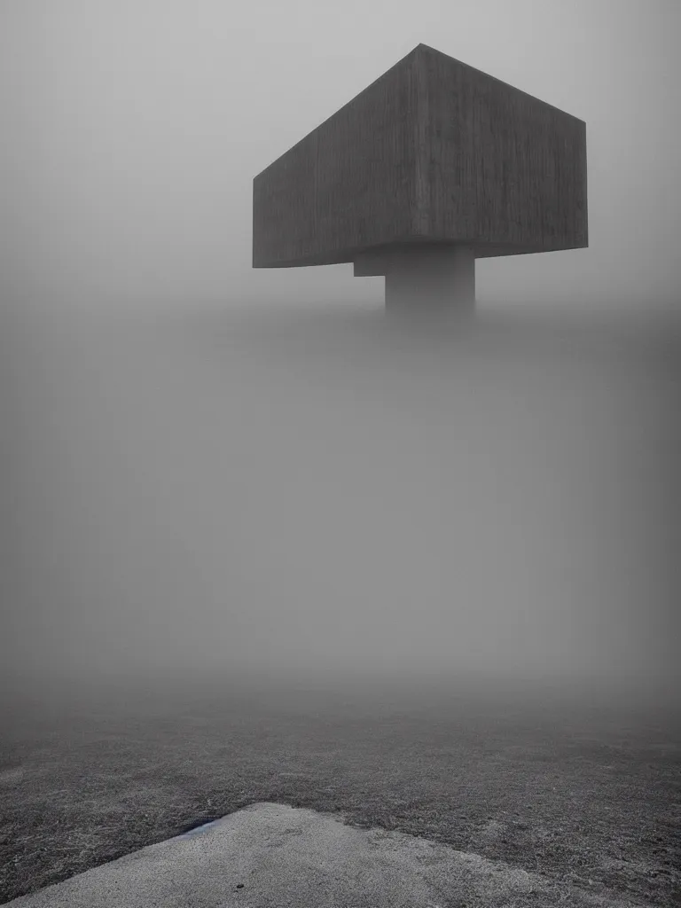 Prompt: High resolution black and white photograph with a 22 mm F/12.0 lens of a Brutalist architectural building in Bulgaria in the 1970s in the middle of a deserted nowhere while foggy and cloudy.