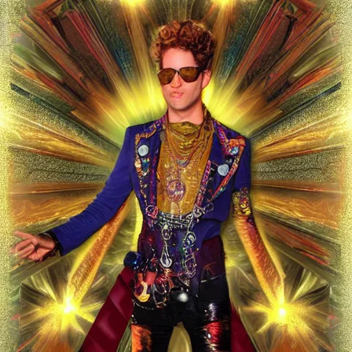 Prompt: golden god of a technicolor steampunk effervescent sun