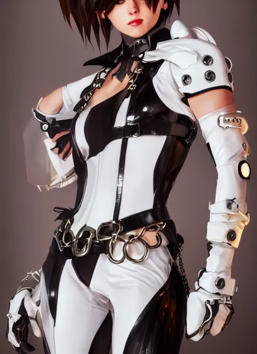 Image similar to portrait artwork of tracer overwatch, wearing white latex and leather straps catsuit outfit, in style of mark arian, angel wings, dramatic painting, wearing detailed leather collar, chains, black harness, detailed face and eyes,