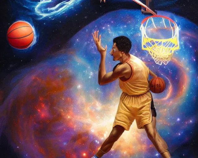 Image similar to cosmic basketball player dunking a basketball hoop in a nebula, an oil painting, by ( leonardo da vinci ) and greg rutkowski and rafal olbinski ross tran award - winning magazine cover