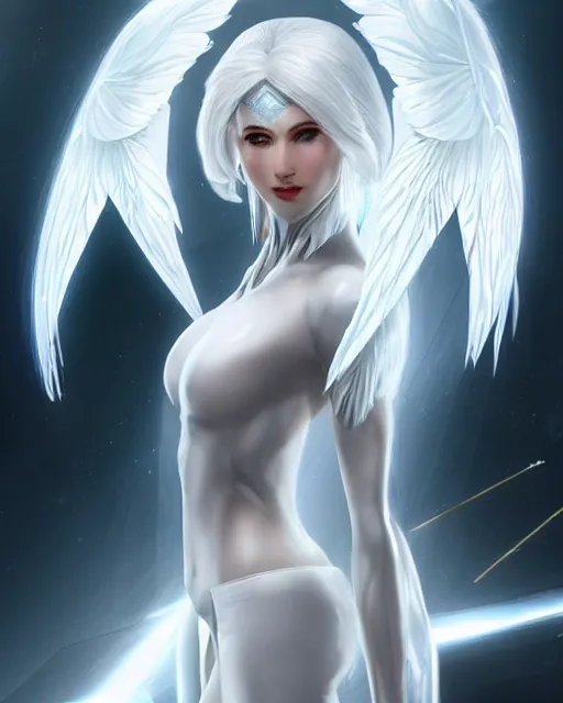 Image similar to perfect white haired attractive egyptian goddess with huge white dove wings, warframe armor, beautiful, symmetric, dreamy, half asian, pretty face, blue eyes, detailed, scifi platform, laboratory, experiment, 4 k, ultra realistic, epic lighting, android body, illuminated, cinematic, masterpiece, art by akihito tsukushi, voidstar