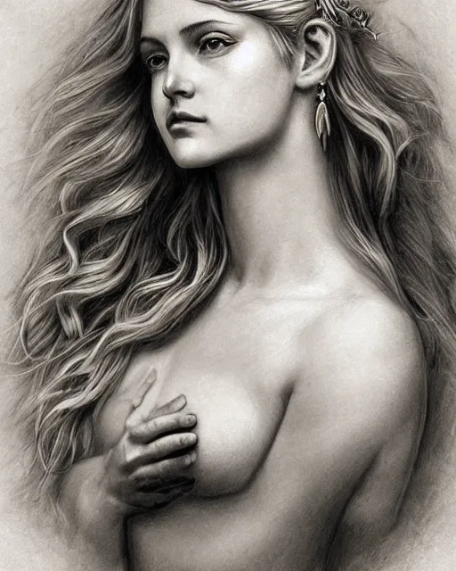 Image similar to pencil drawing of a beautiful greek goddess aphrodite wearing a laurel wreath and arrowhead earrings, beautiful confident and piercing eyes, beautiful blonde hair, hyper realistic face, in the style of greg rutkowski, fantasy, amazing detail, epic, elegant, smooth, sharp focus, from the front