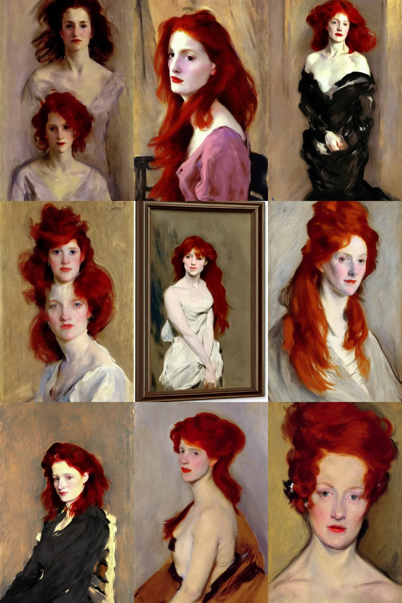 Prompt: Woman with red hair, portrait by John Singer Sargent